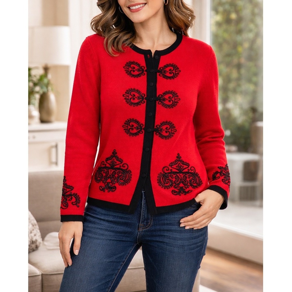 Vtg Susan Bristol Red Cardigan Jacket Worsted Wool Solid Knit Medium Scroll